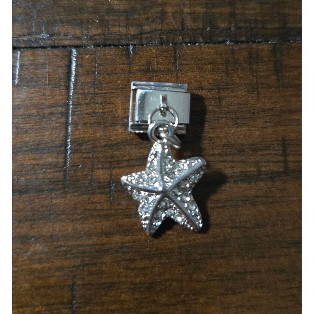 Silver Starfish Dangle Italian Charm Rhinestone Stainless Steel 9mm Link